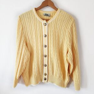 Mita Cable Knit Cardigan Vintage Long Sleeve Gold Buttons 80s Size 14 Yellow